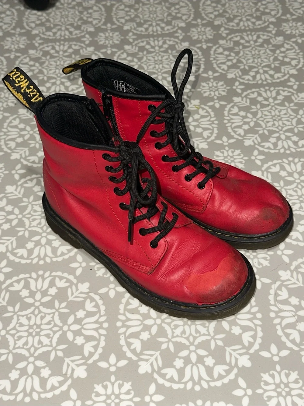 Dr. Martens Kids Red Lace-Up Combat Boots with Black Sole
